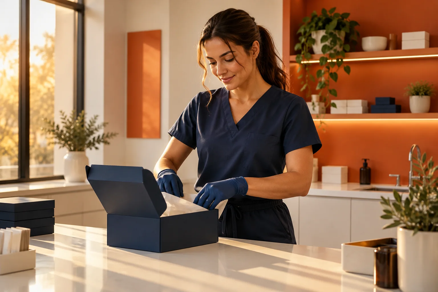 Pharmacy team member packing a navy box