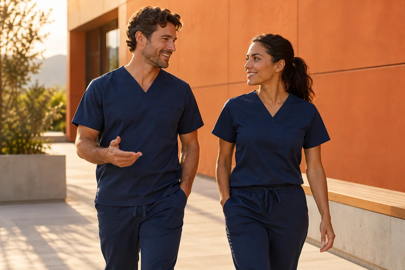 Two care team members in navy scrubs walking and talking