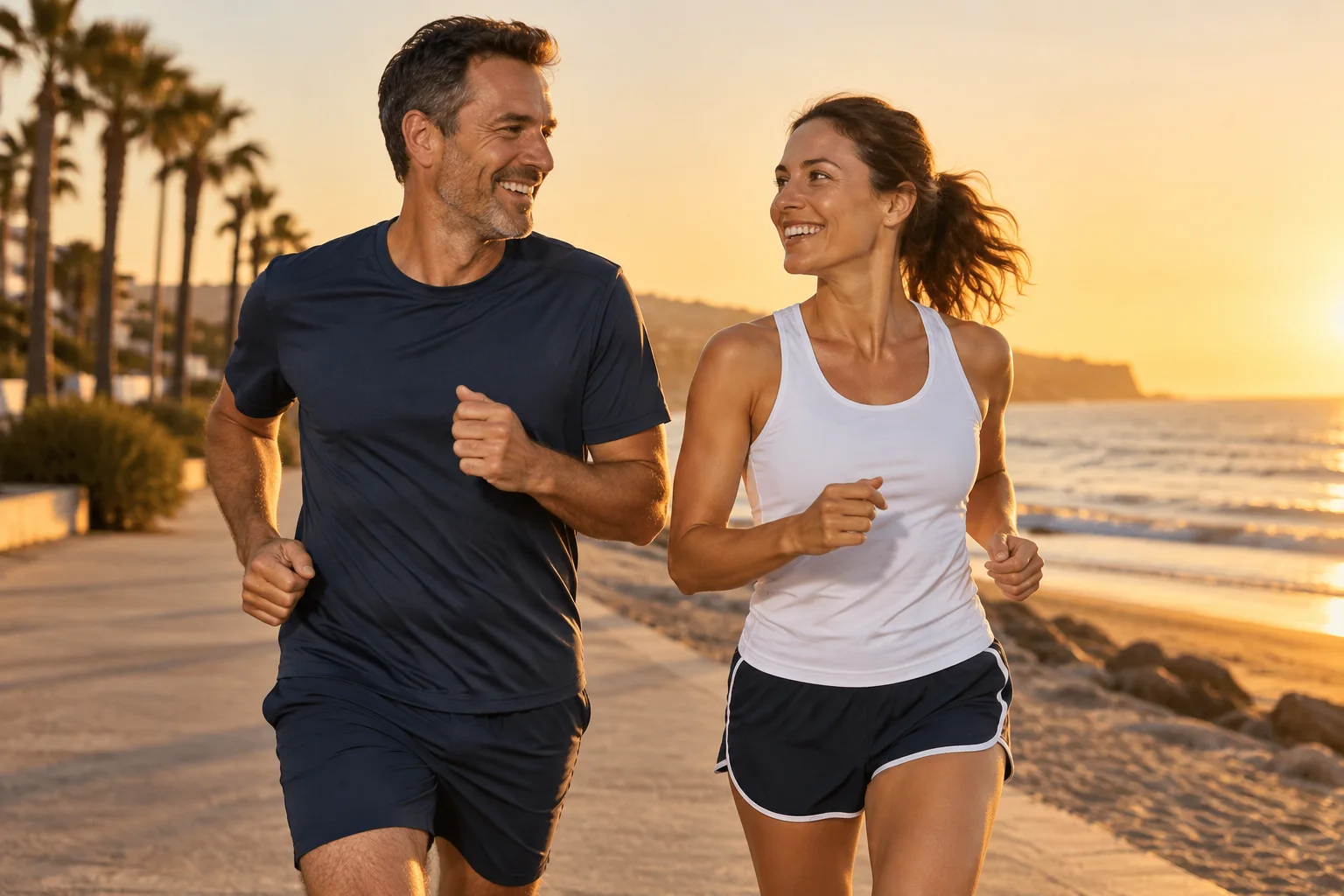 Man and woman jogging together along the beach at sunset