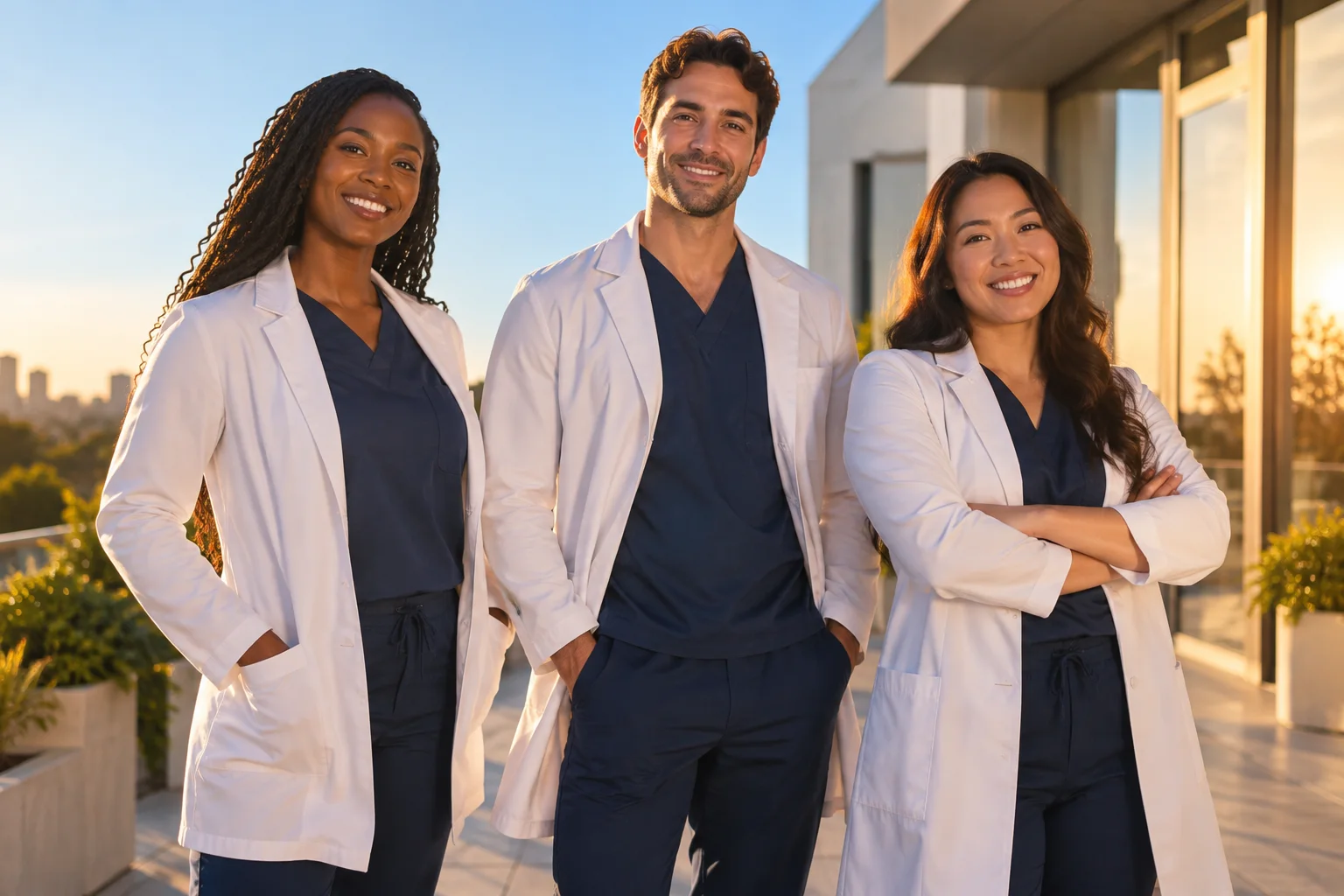 Three care team members standing together on a sunny terrace